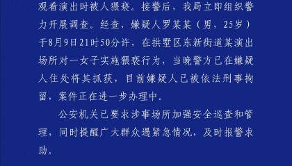 一女子在演出场所遭猥亵,杭州警方:嫌疑人被刑拘